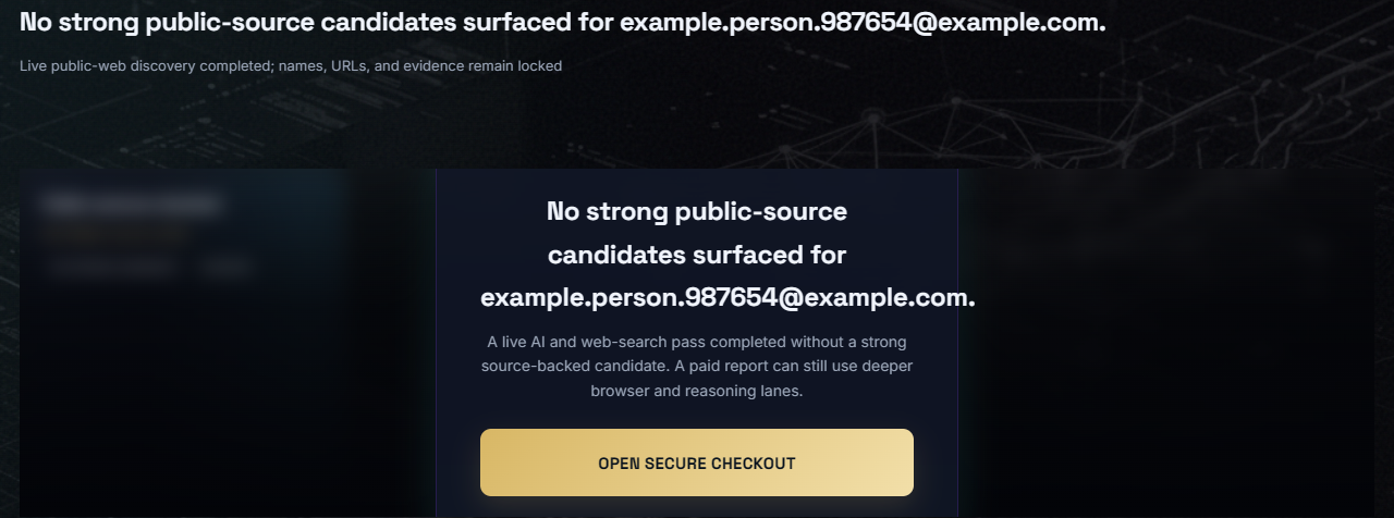 PrufAgent masked email lookup preview showing public source categories