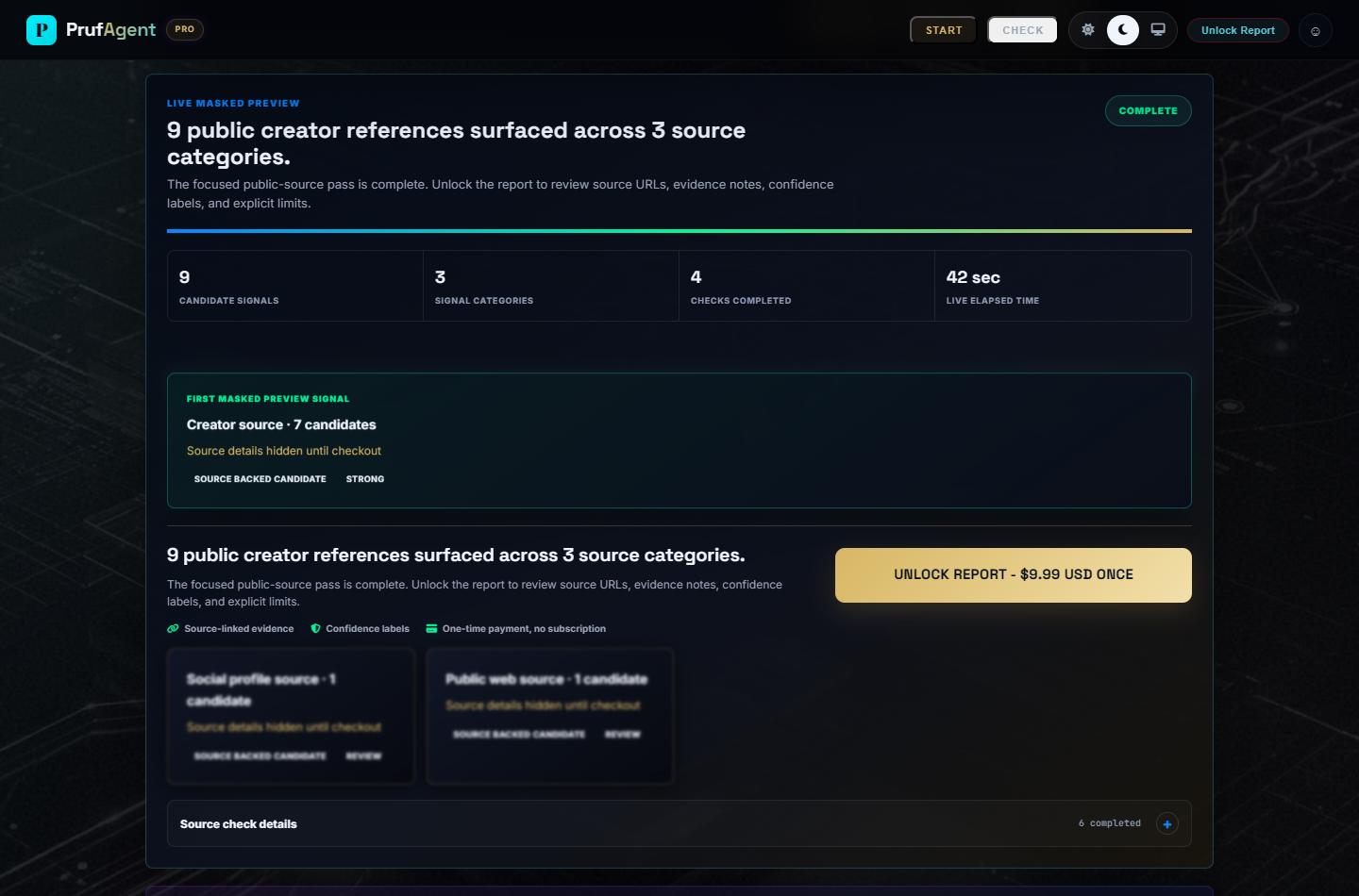 PrufAgent masked OnlyFans username preview showing public-reference and source-category counts