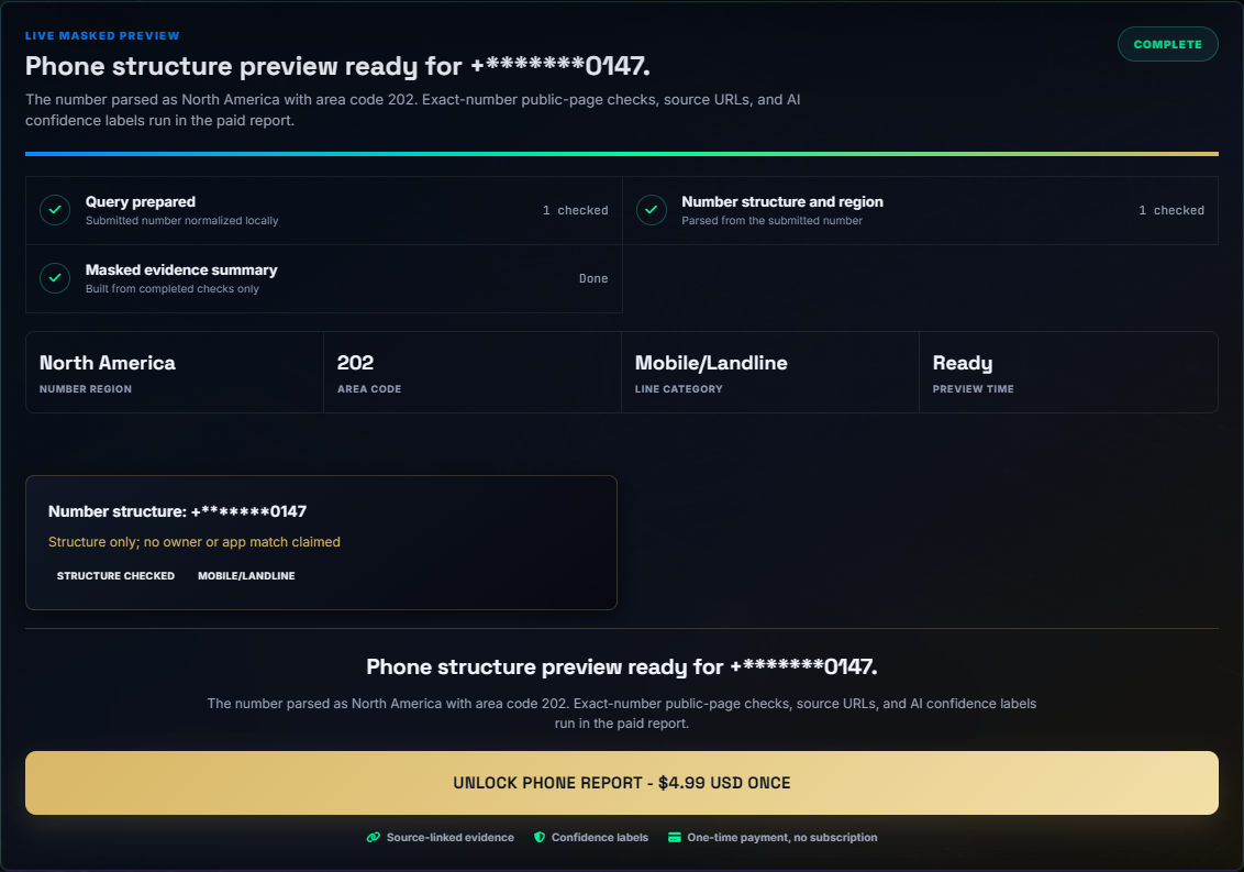 Actual PrufAgent phone structure preview with masked number, source limits, exact one-time price, and unlock action