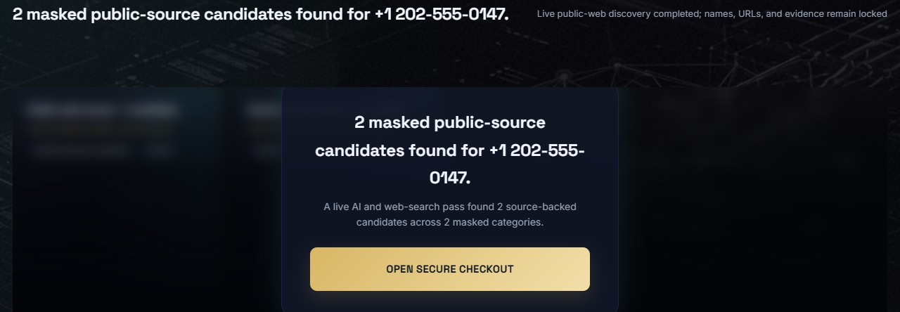 PrufAgent masked phone lookup preview showing public clue categories