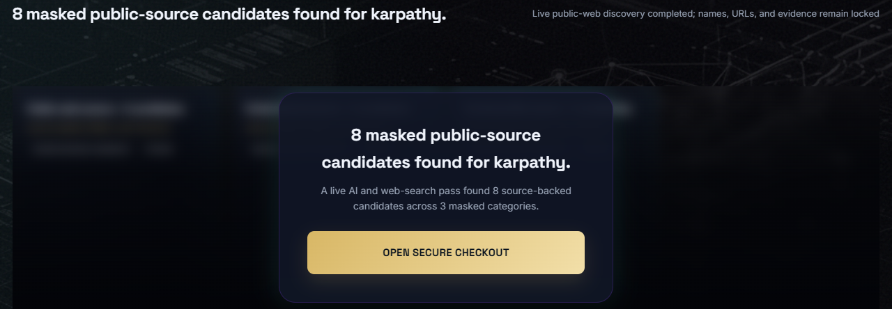 PrufAgent masked username search preview showing source categories